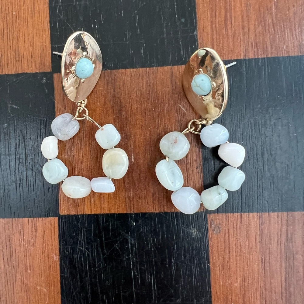 Gold Drop Earrings with Light Aqua Stone Beads - Women Jewelry
